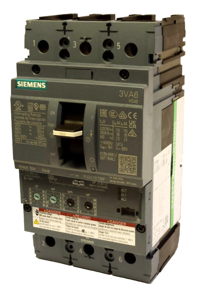 SIEMENS 3VA6110 6HN31 0AA0 3 Pole 100 AMP 3VA6 HDAE NAVAL Breaker ETU350LSI