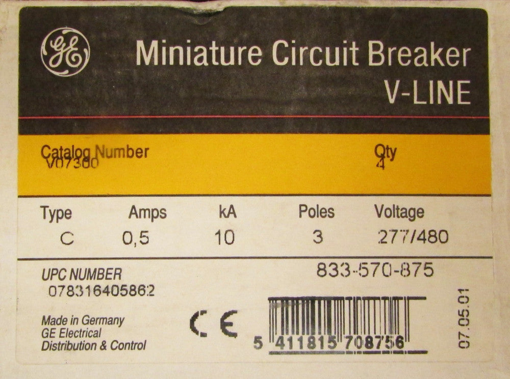 GENERAL ELECTRIC GE V-Line C 0.5 Circuit Breaker 3 Pole .5 Amp 277 480V V07300
