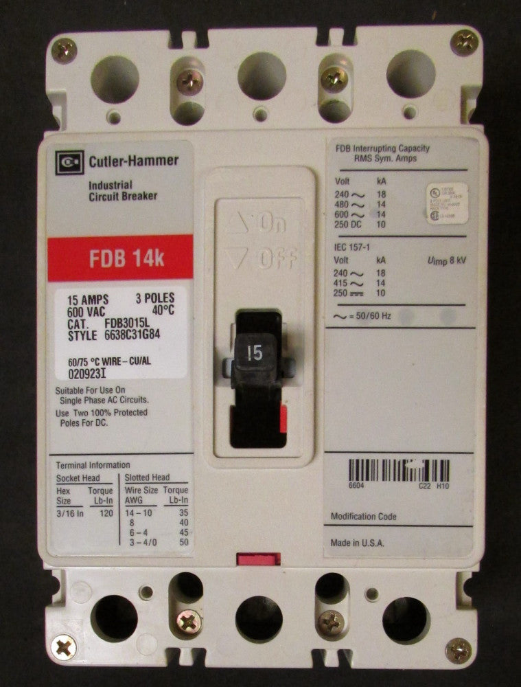 EATON CUTLER HAMMER FDB3015L FDB Circuit Breaker 15 Amps 3 Pole Line Load Lugs