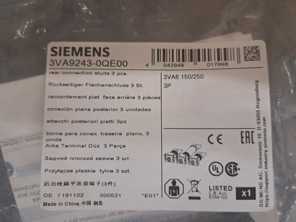 New, Siemens, 3VA9243-0QE00, Breaker, Molded Case, 3VA6 250 REAR CON STUD FLT3P