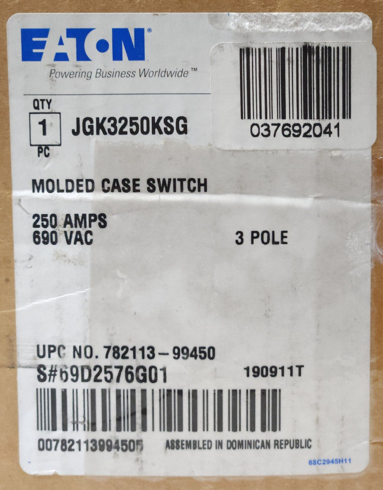 EATON CUTLER HAMMER JGK3250KSG 3 Pole 250 AMP Type J250K Molded Case Switch