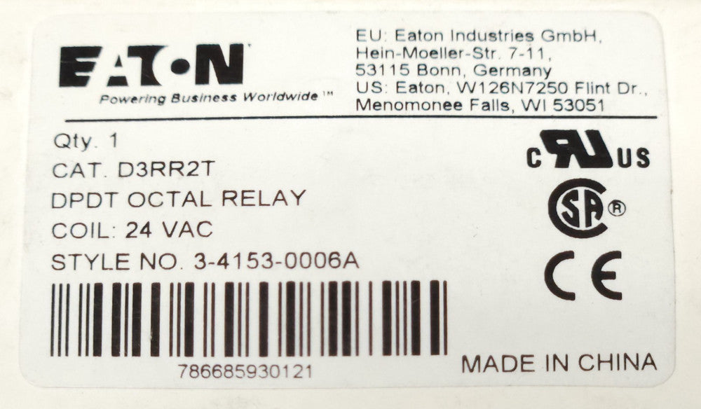 EATON CUTLER HAMMER D3RR2T 24 VAC DPDT OCTAL Relay 8 PIN 3 4153 0006A