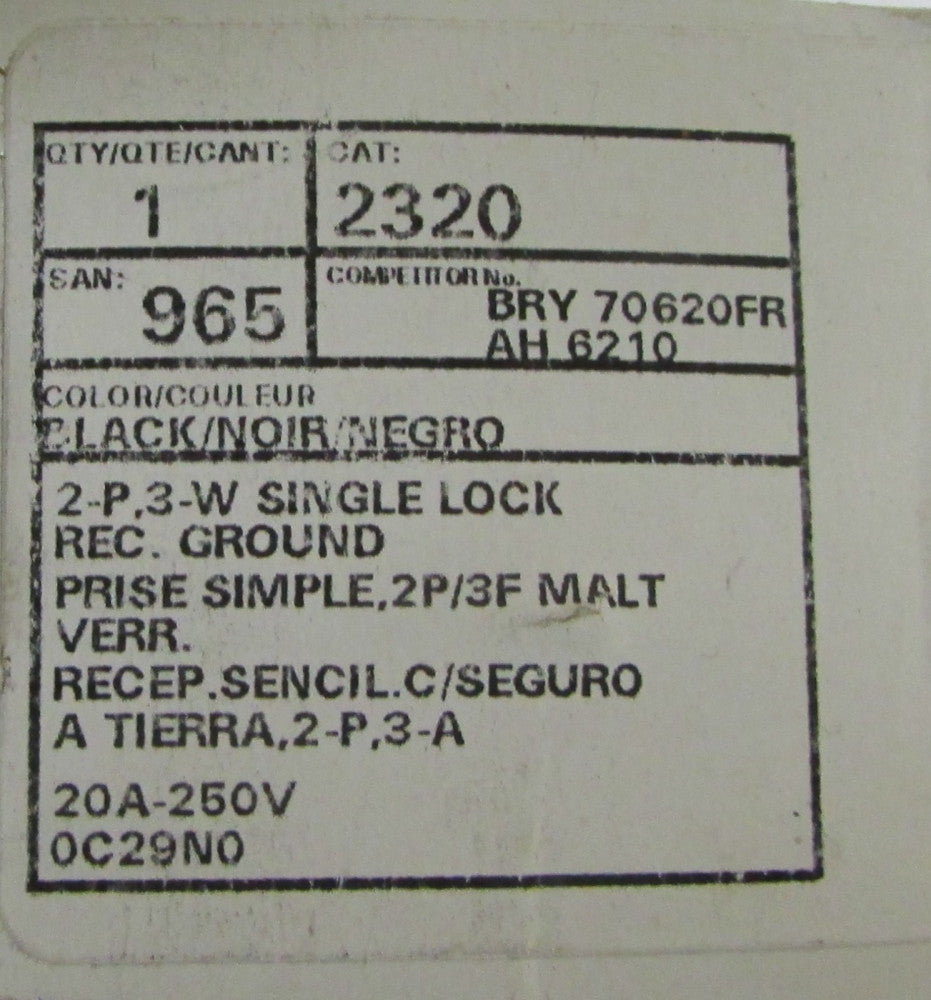 LEVITON 2320 965 BRY 70620FR AH 6210 2 Pole Black 20 Amp Receptacle