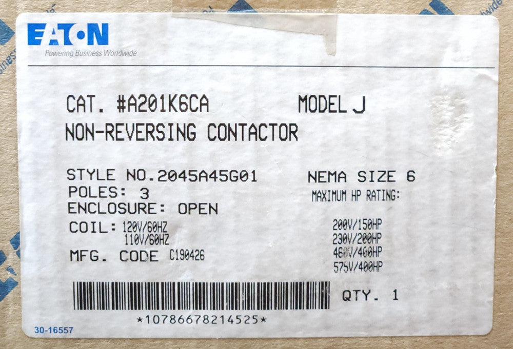 EATON CUTLER HAMMER A201K6CA 3 Pole Size 6 A201 A200 Contactor 120 VAC 150-400HP