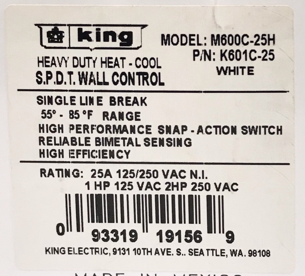 KING K601C 25 Model M600C 25H Heavy Duty Heat Cool Wall Control Fan Speed Switch