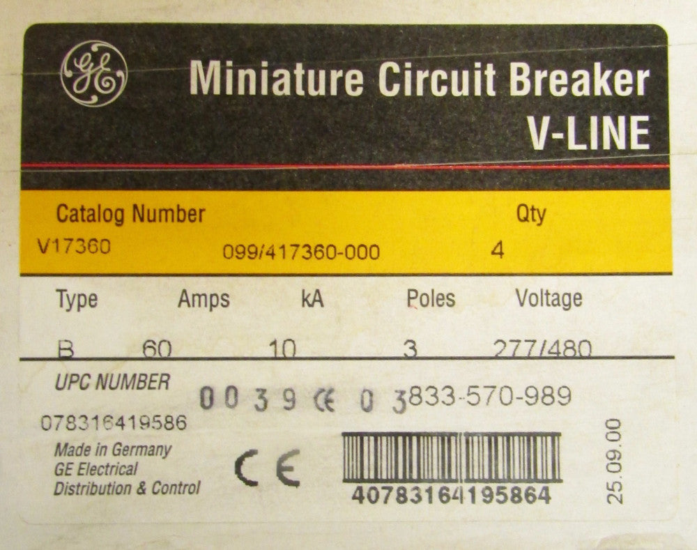 GENERAL ELECTRIC GE B60 Circuit Breaker 3 Pole 60 Amp 277 480V V17360