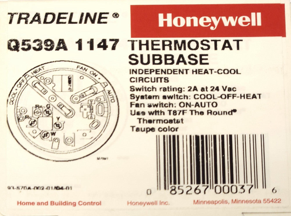 HONEYWELL Q539A 1147 Thermostat Subbase 24 VAC For T87F Heat and Cool