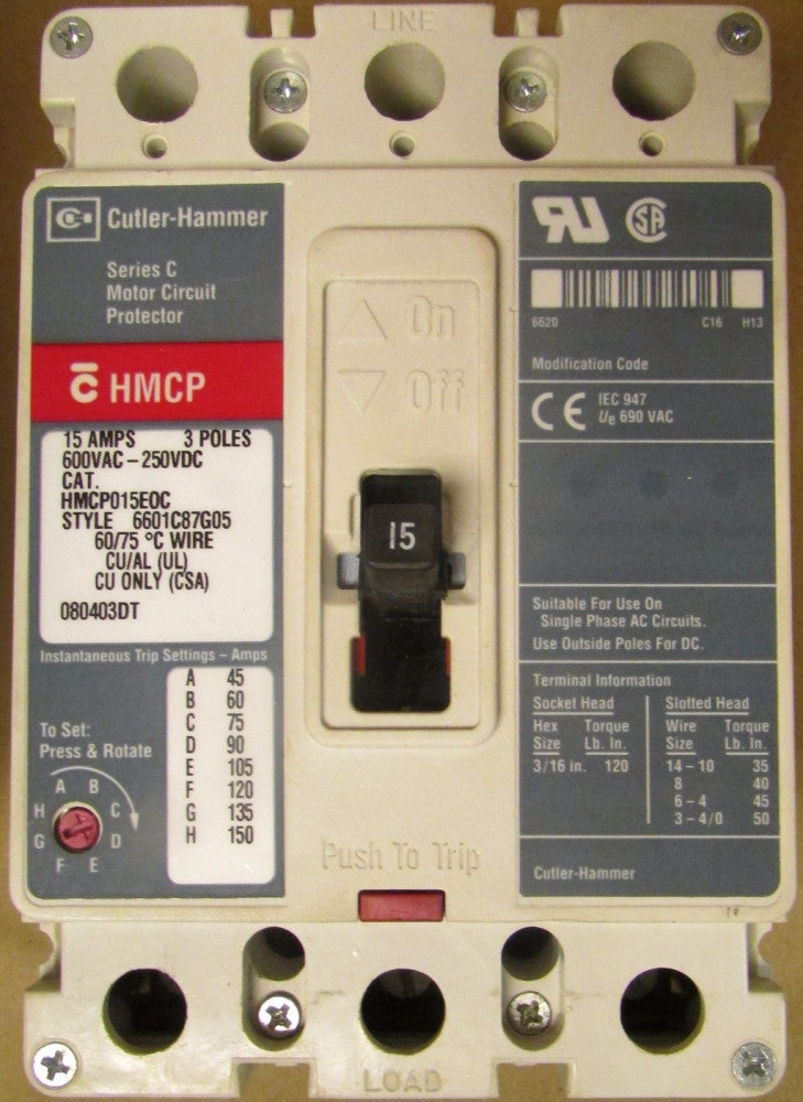 CUTLER HAMMER HMCP Motor Circuit Protector 15 AMP 3 Pole HMCP015E0C