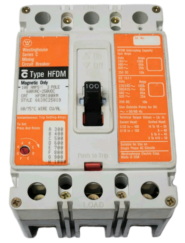 WESTINGHOUSE CUTLER HAMMER HFDM100RM 3 Pole 100 AMP Type HFDM Mining Circuit Bre