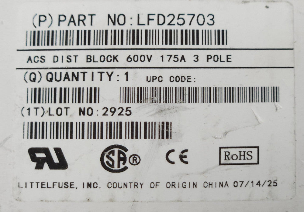 LITTELFUSE LFD25703 ACS Power Distribution Block 600 VAC 175 AMP 3 Pole