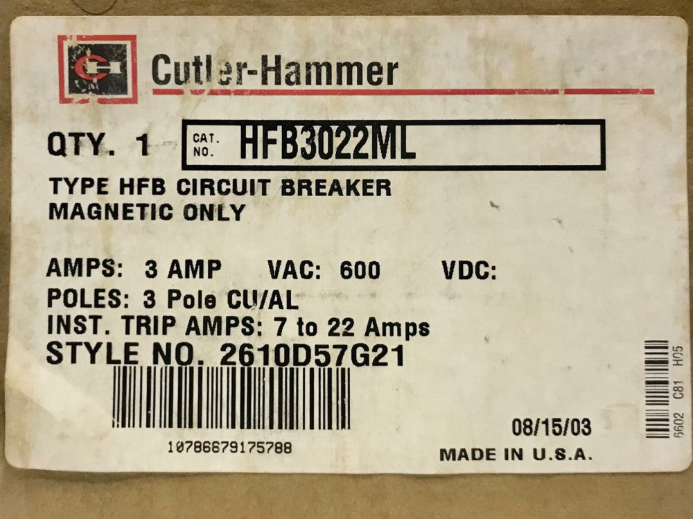 CUTLER HAMMER WESTINGHOUSE HFB3022ML 3 Pole 3 AMP Type HFB Mag ONLY