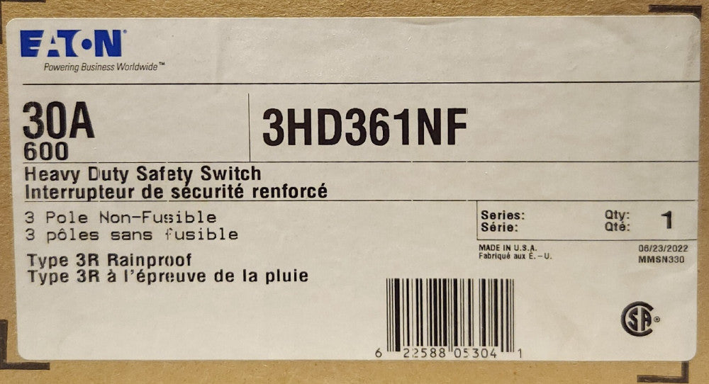 EATON CUTLER HAMMER 3HD361NF 3 Pole 30 AMP Nema 3R Safety Switch 600 VAC Outdoor