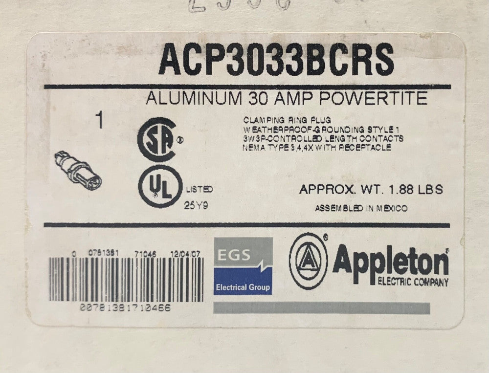 APPLETON EGS ACP3033BCRS 3 Pole 3 Wire 30 AMP Powertite Plug 600 VAC 250 VDC