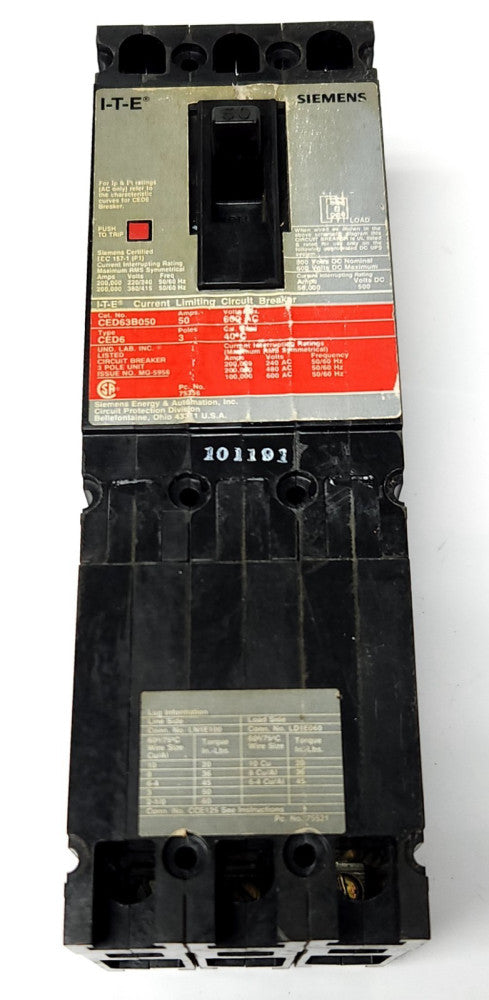 SIEMENS ITE CED63B050 3 Pole 50 AMP CED6 Sentron Circuit Breaker Current Limitin