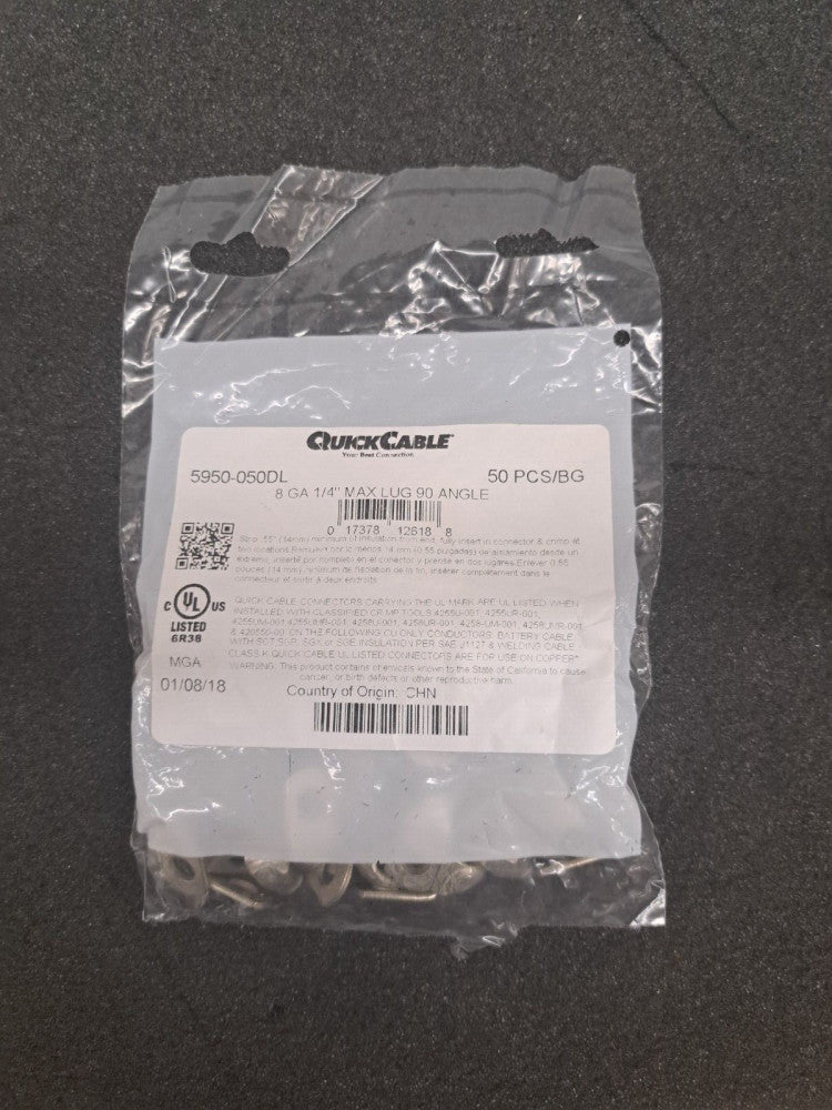 New, QuickCable, 5950-050DL, 8 GA 1/4" Stud 90 Degree Copper Tube Lug, Lot of 50