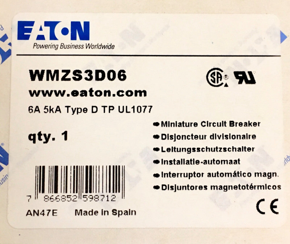 EATON WMZS3D06 3 Pole 6 AMP Type D6 Circuit Breaker