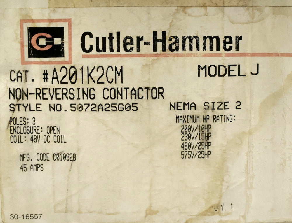 EATON CUTLER HAMMER A201K2CM Size 2 A200 A201 Contactor 48 VDC Coil 3 Pole