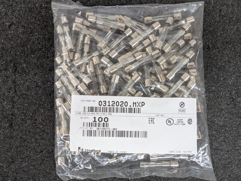 New, Littelfuse, 0312020.MXP, FUSE GLASS 20A 32VAC 3AB 3AG - Lot of 100pcs