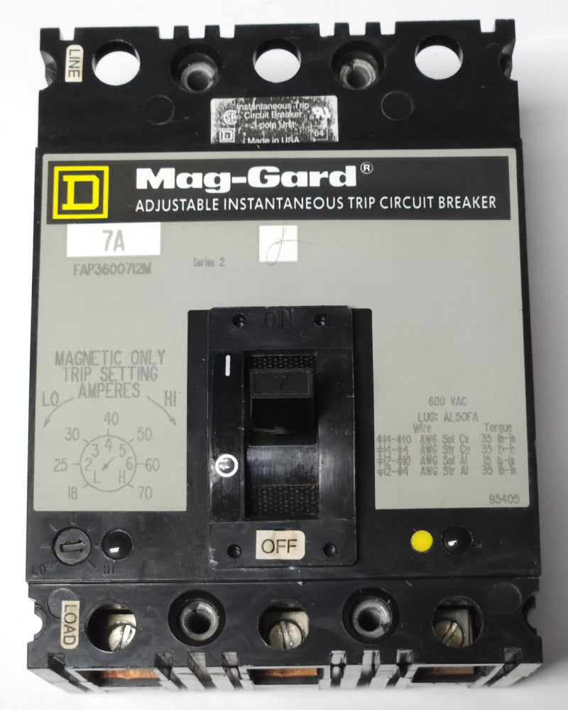 SQUARE D FAP3600712M 3 Pole 7 AMP MAG-GARD Circuit Breaker Motor Protector 18-70