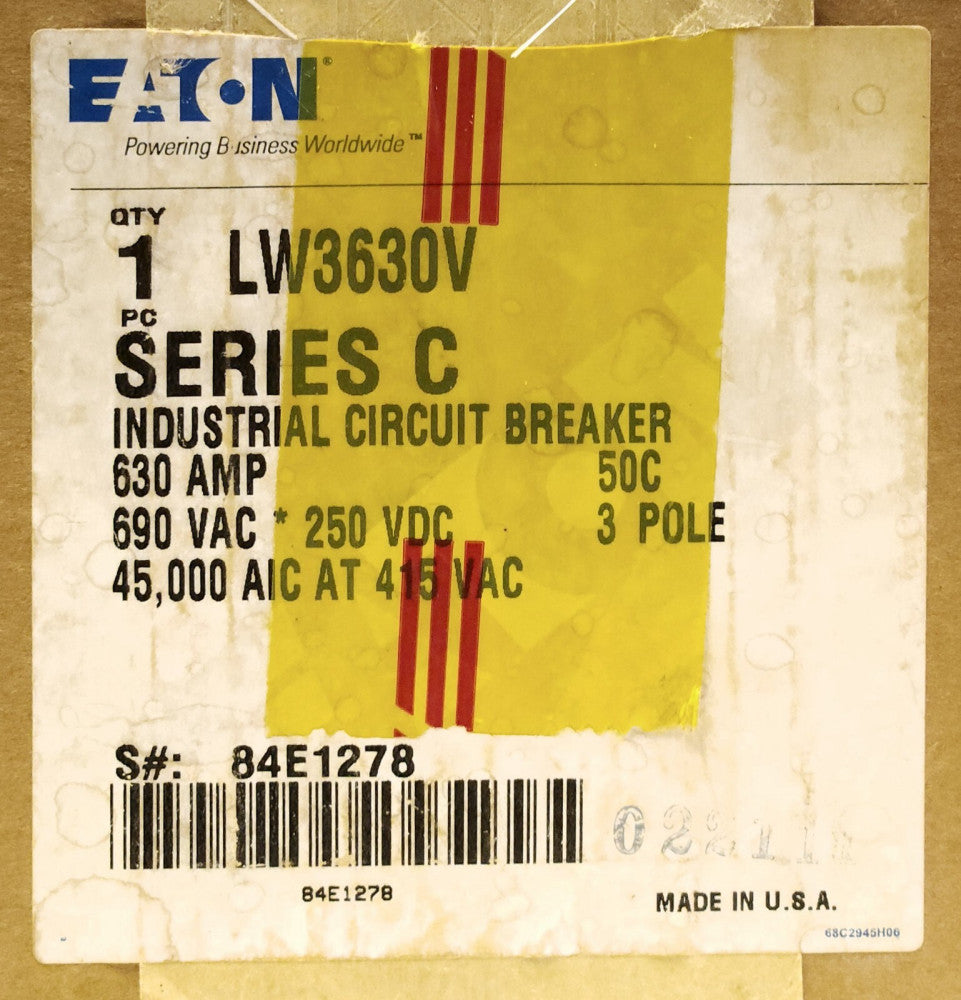 EATON CUTLER HAMMER LW3630V 3 Pole 600 AMP Type LW LW3630 50' 500-630 AMP