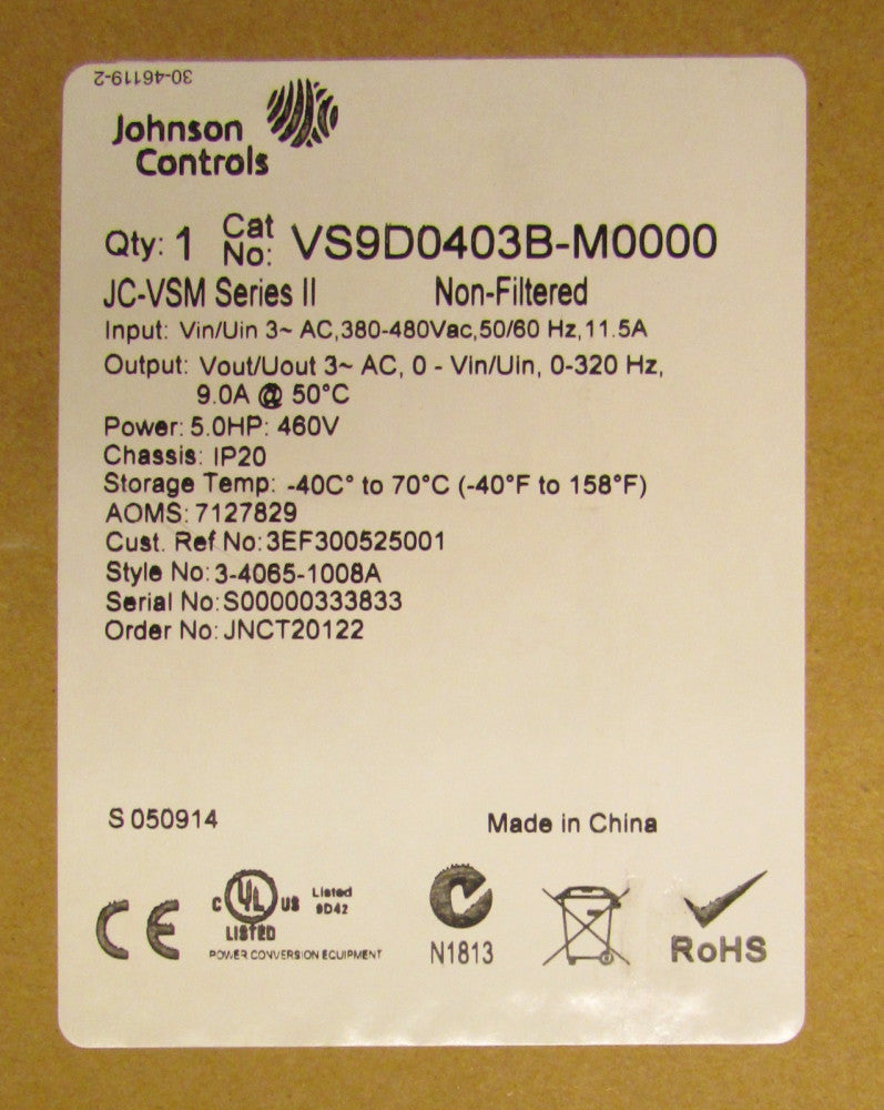 JOHNSON CONTROLS VS9D0403B M0000 5HP JC-VSM Series 11 Variable Speed Drive
