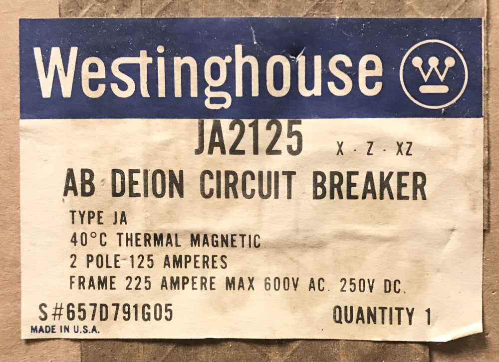 WESTINGHOUSE CUTLER HAMMER JA2125 2 Pole 125 AMP Type JA Circuit Breaker