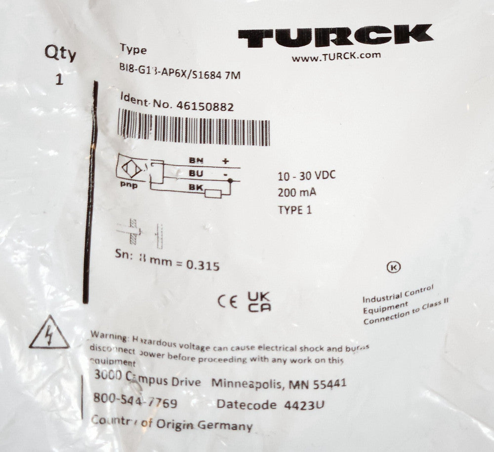 SEALED TURCK B18 G18 AP6X S1684 7M 10-30 VDC Proximity Sensor 46150882 7M 200mA