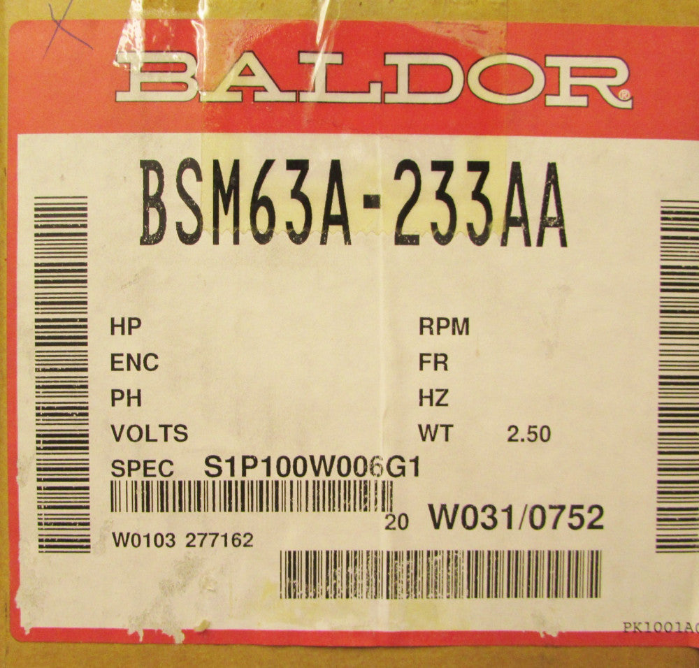BALDOR 6000 RPM 200 V AC SMCO Servo Motor BSM63A 233AA