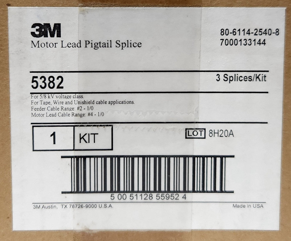 SEALED 3M 5382 Motor Lead Pigtail Splice 80 6114 2540 8 3 Splice Kit 5 to 8KV