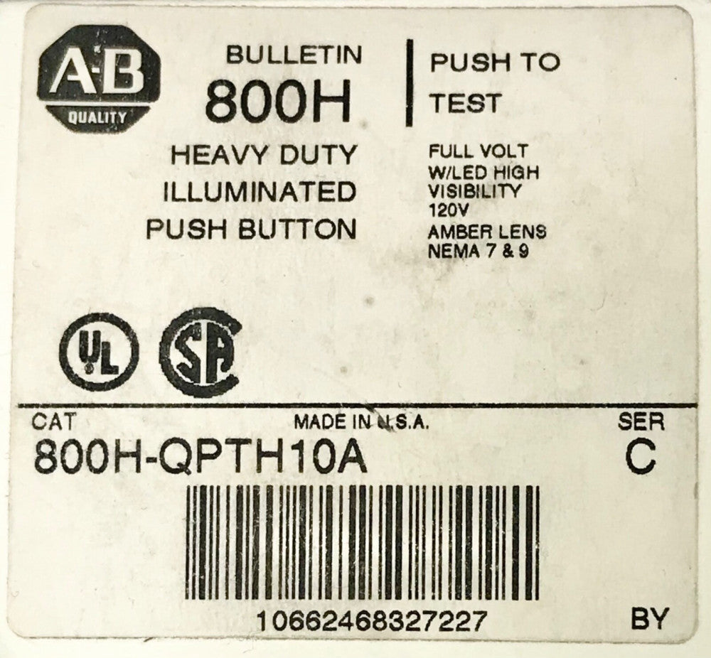 ALLEN BRADLEY 800H QPTH10A Heavy Duty 120 VAC Amber Push to Test Pushbutton