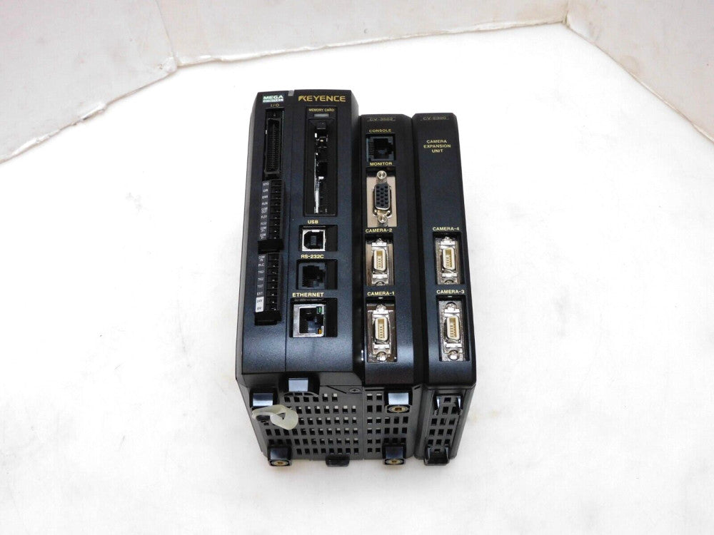 KEYENCE MEGA DIGITAL CAMERA CONTROLLER CV-3502 W/ CAMERA EXPANSION UNIT CV-E300