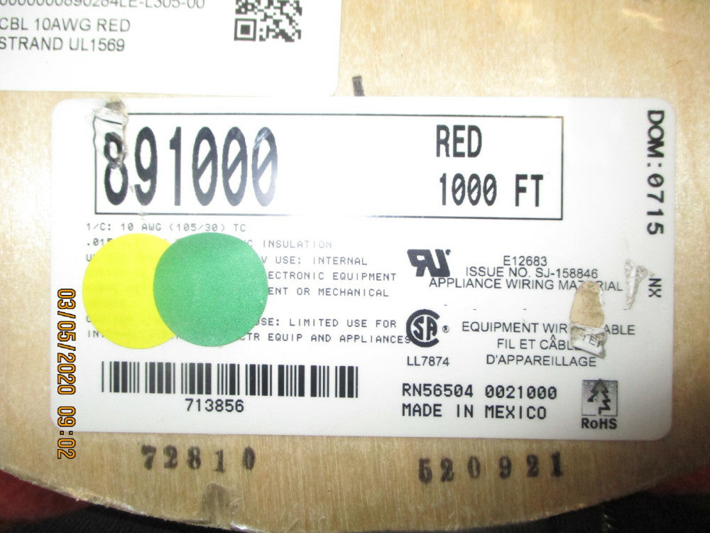 ALPHA WIRE - 891000-RD001 -10 AWG 105/30 300V Red PVC Hook-up Wire on 1000 Foot
