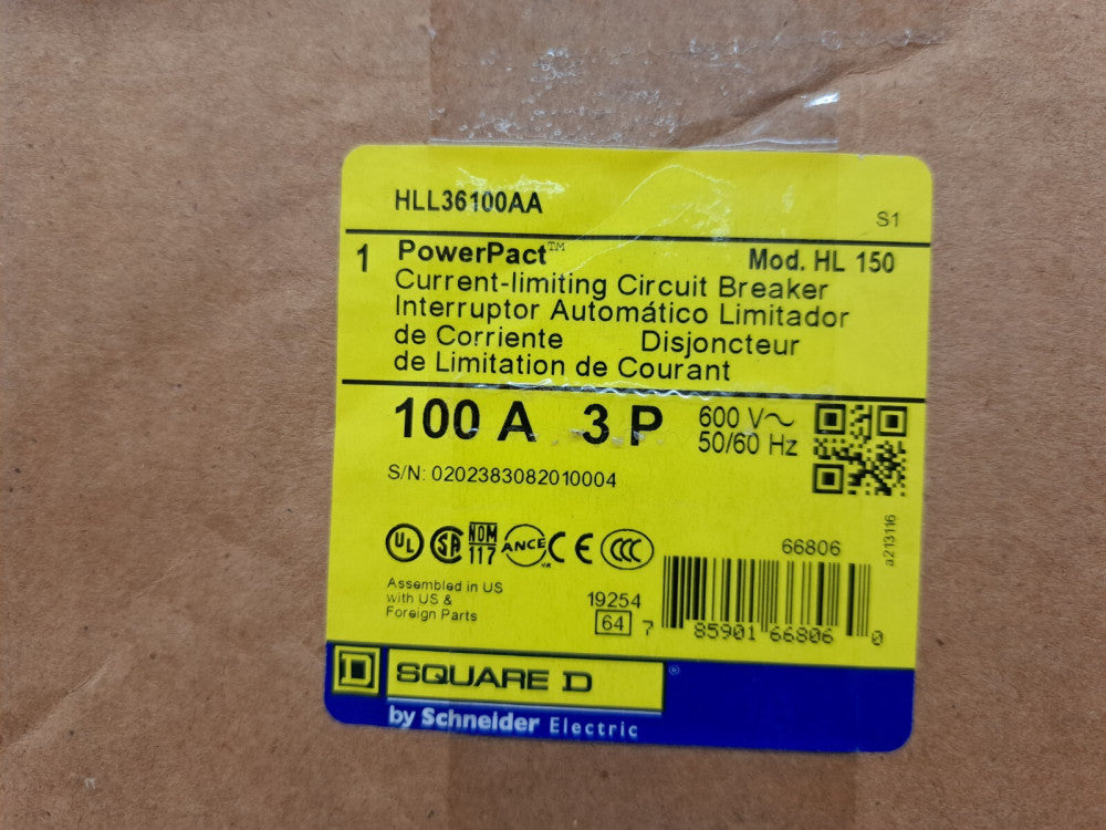 New, Schneider Electric, HLL36100AA, Molded Case Circuit Breaker 600V 100A