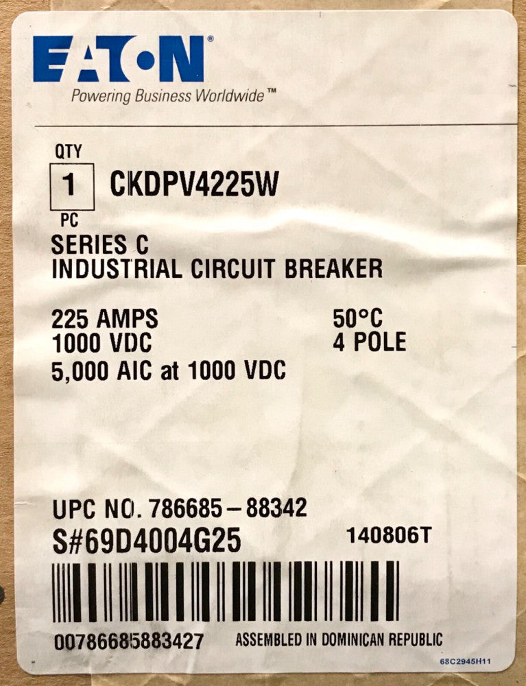 EATON CKDPV4225W 4 Pole 225 AMP CKD-PV Solar PV Circuit Breaker PVGARD