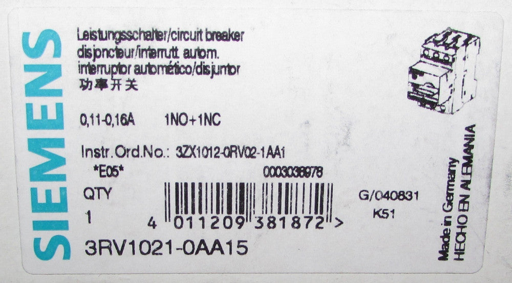 SIEMENS 3RV1021 0AA15 Manual Motor Protector Circuit Breaker 0.11-0.16 Amp
