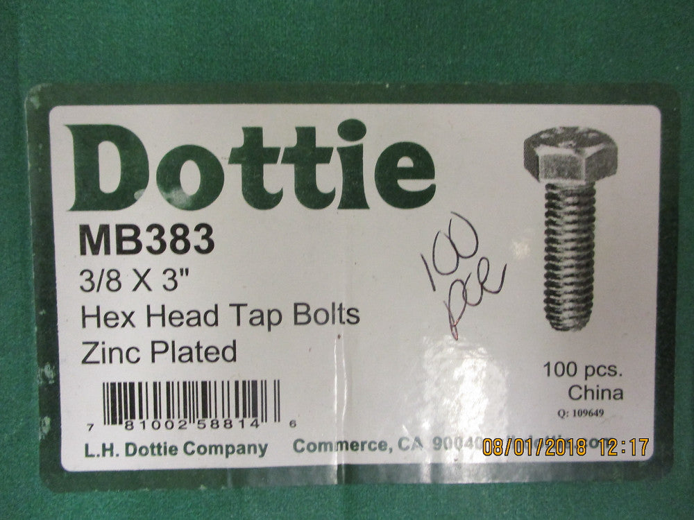 MB383 Dottie 3/8 X 3 Hex Head Tap Bolts Zinc Plated BRAND NEW! LOT OF 100