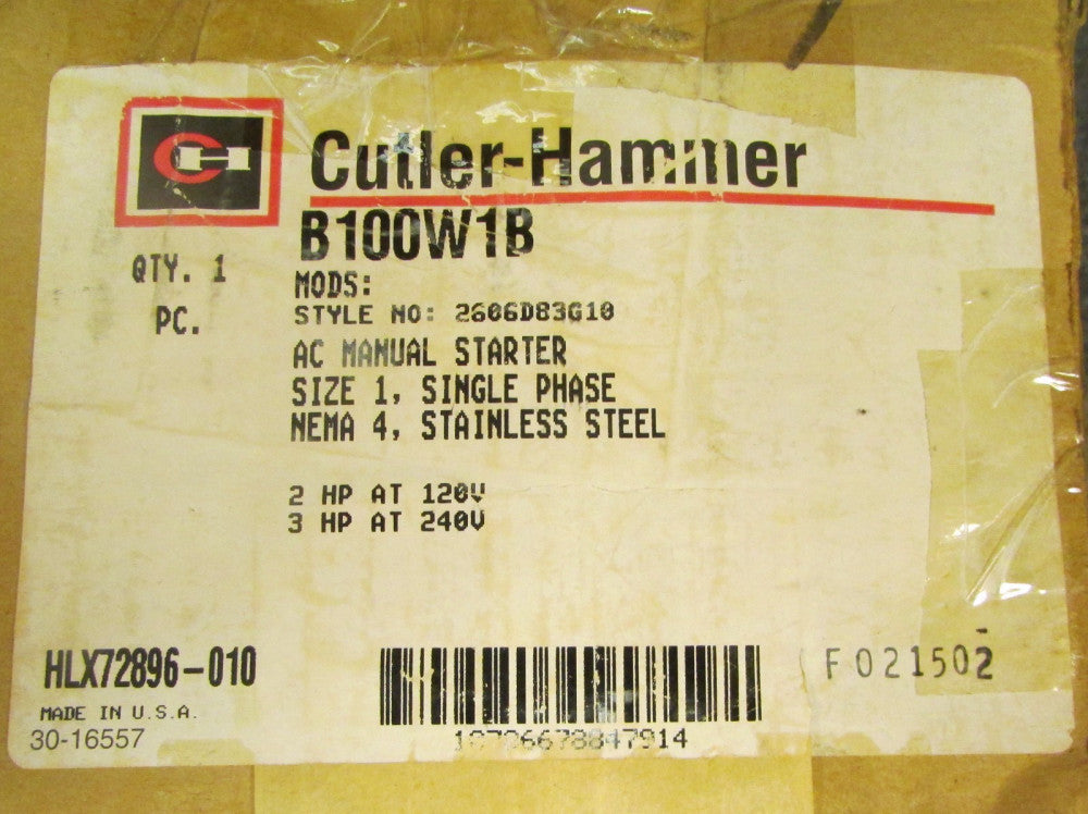 EATON CUTLER HAMMER B100W1B Size 1 Manual Starter NEMA 4 SS Enclosure 2606D83G10