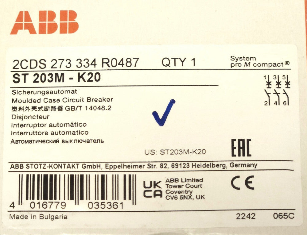 ABB ST 203M K20 2CDS 273 334 R0487 3 Pole 20 AMP ST 203M K20A Circuit Breaker
