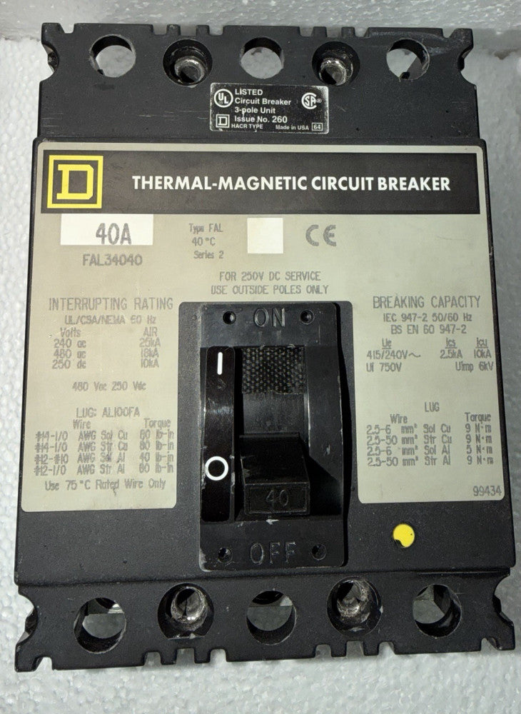 SQUARE D FAL34040 3 Pole 40 AMP Type FAL Circuit Breaker
