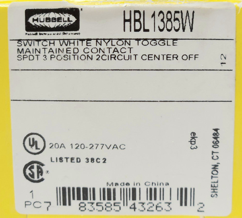 HUBBELL HBL1385W 20 AMP SPDT 120 277 VAC 3 Position 2 Circuit Double Throw Switc