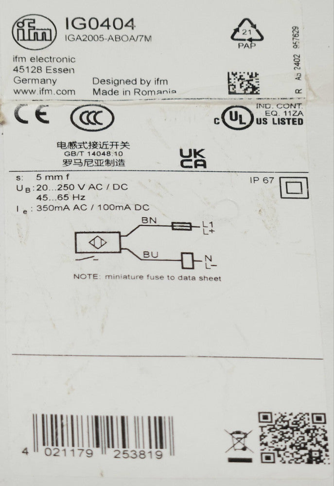 IFM ELECTRONIC IG0404 IGA2005 ABOA 7M 20-250 VAC VDC 350 mA VAC 100 mA VDC