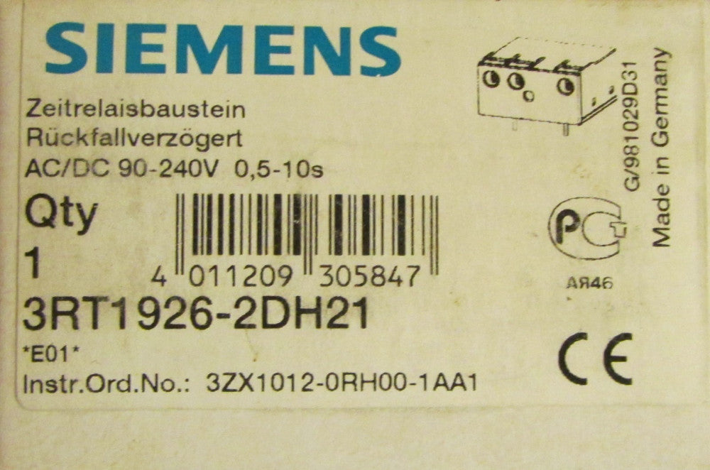 SIEMENS 3RT1926 2DH21 90-240 V .5-10 Second Timing Relay Module