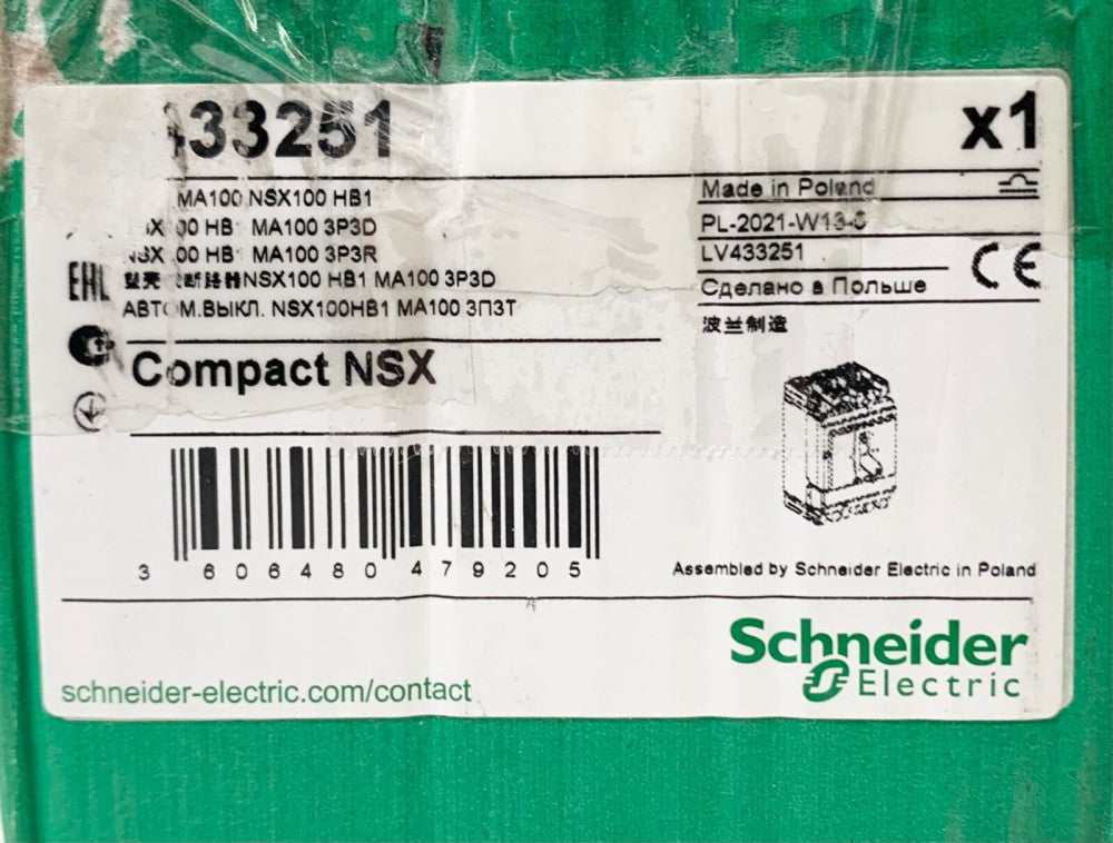 SCHNEIDER ELETRIC MA100 NSX100 HB1 3 Pole 100 AMP Compact NSX 433251