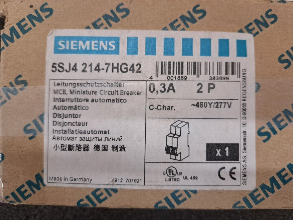 New, Siemens, 5SJ4214-7HG42, MCB 5SJ4 2P 480/277 0.3A 10K C-T