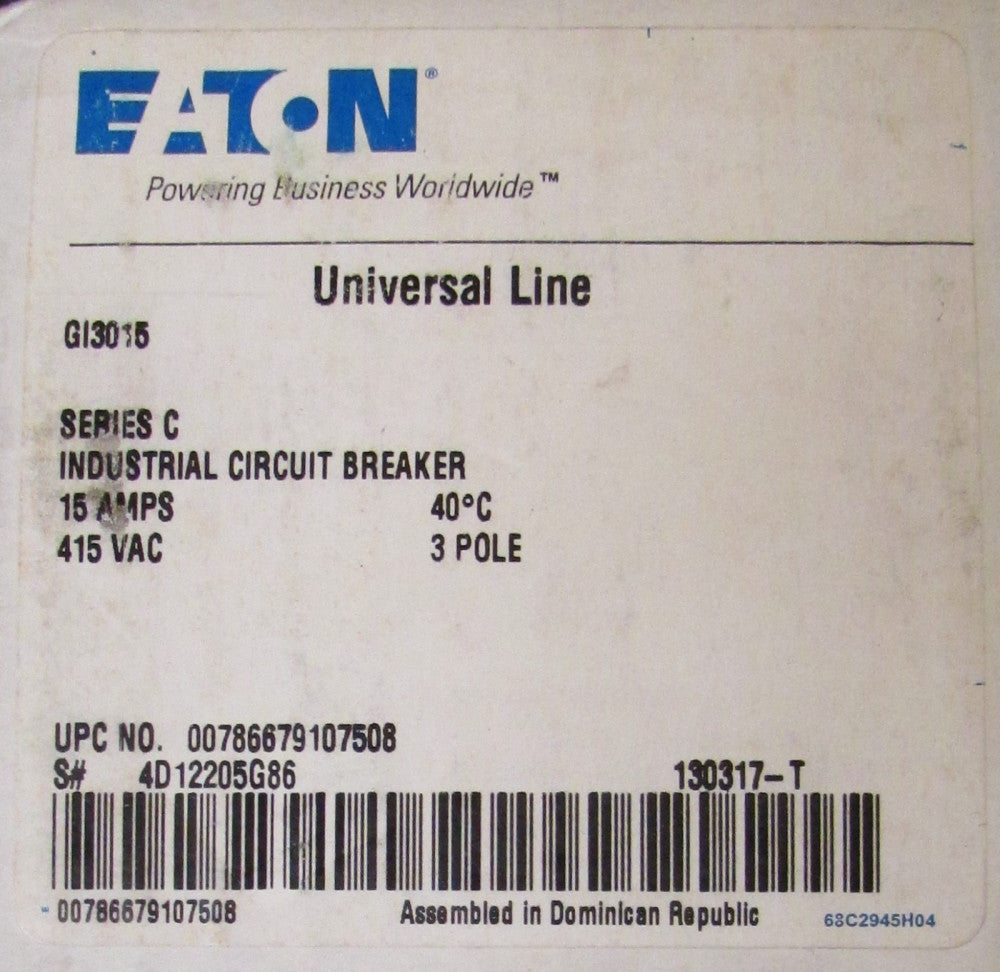 EATON CUTLER HAMMER Gi3015 3 Pole 15 Amp Type Gi Universal Line Circuit Breaker