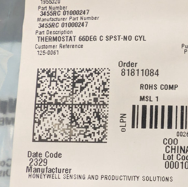 New, Honeywell, 3455RC 01000247, THERMOSTAT 66DEG C SPST-NO CYL