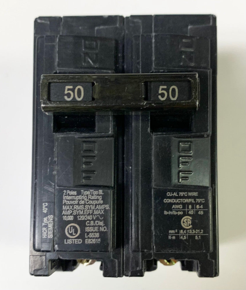 SIEMENS B250 2 Pole 50 AMP Type BL Circuit Breaker Bolt In
