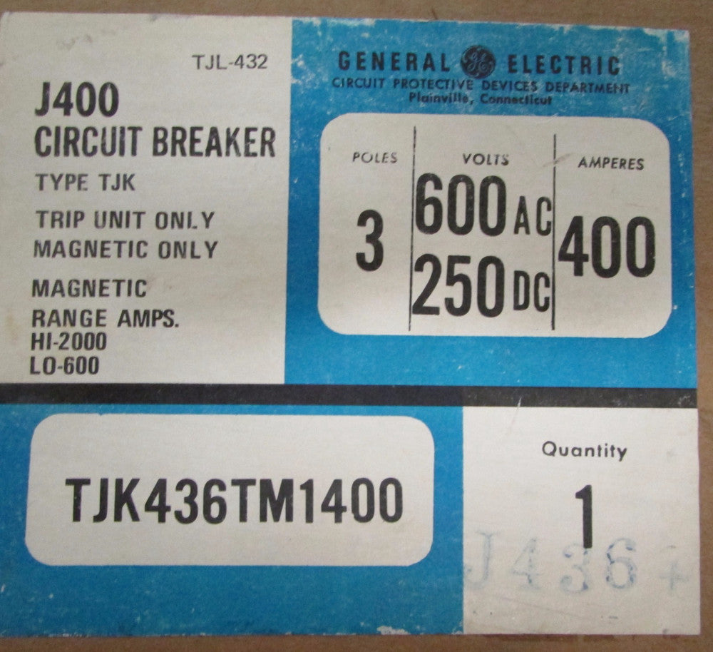 GENERAL ELECTRIC GE TJK436TM1400 3 Pole 400 Amp J400 Trip Unit Magnetic Only