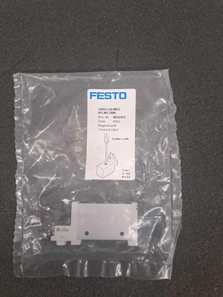 New, Festo, VUVG-L10-M52-MT-M5-1R8L, Air Solenoid Valve,M5, 8 Bar, 24Vdc