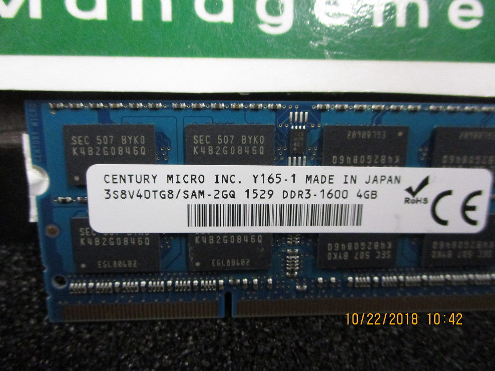 3S8V4DTG8/SAM-2GQ CENTURY MICRO DDR3 4.0Gb SODIMM PC-12800, 1600MHz BRAND NEW!